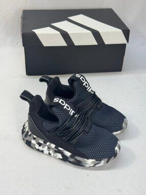 adidas Kids Black Athletic Sneakers with Black/White Patterned Sole
